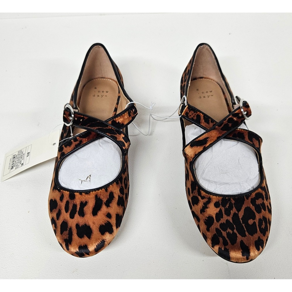 A New Day Womens Leopard Print Mary Jane Ballet Flats Crisscross Strap Brown 8.5